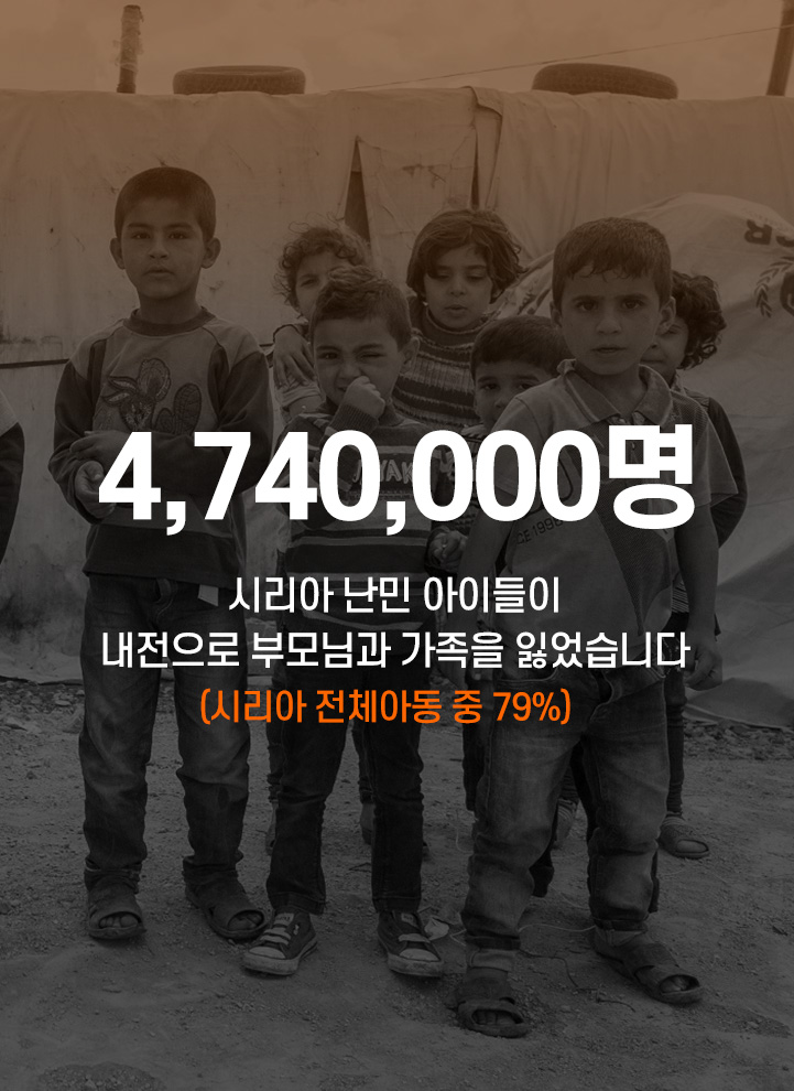 4,740,000명 - 시리아 난민 아이들이 내전으로 부모님과 가족을 잃었습니다.