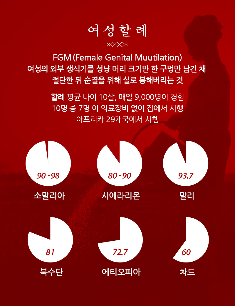 FGM(Female Genital Muutilation) 여성의 외부 생식기를 성냥 머리 크기만 한 구멍만 남긴 채  절단한 뒤 순결을 위해 실로 봉해버리는 것 할례 평균 나이 10살, 매일 8,500명이 경험 10명 중 7명 이 의료장비 없이 집에서 시행 아프리카 29개국에서 시행